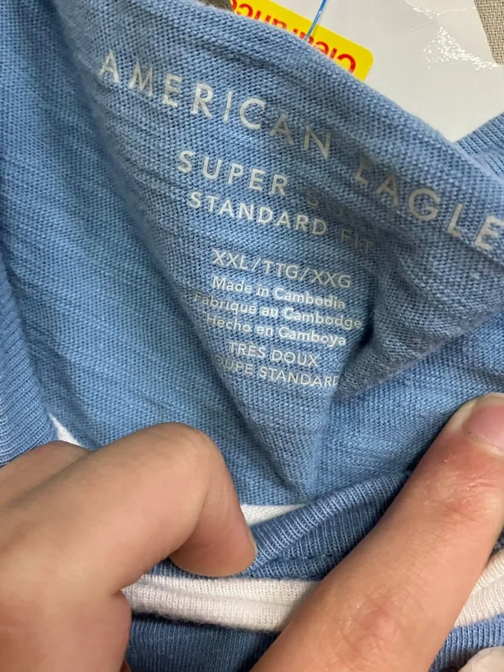 American Eagle T-Shirt Men XXL Blue White Striped Pocket Crew Neck Short Sleeves
